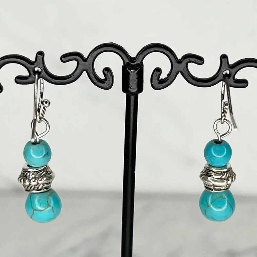 Silver Tone Faux Turquoise Beaded Dangle Earrings Pierced Pair